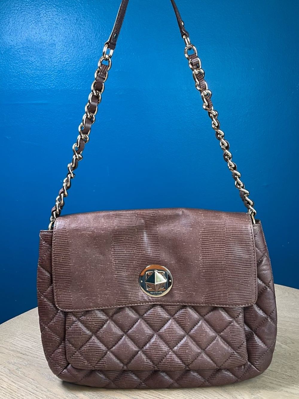 Kate Spade Charlize Quilted Brown Lizard Embossed Leather Shoulder Bag Large